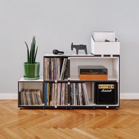 stocubo - Konfigurierbares Vinyl Regal aus Holz weiß mit schwarzen Kanten