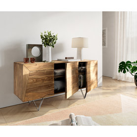 DELIFE Design-Sideboard Wyatt 150 cm Sheesham Natur 3D Optik oben Edelstahl Fuß 20 cm, Sideboards