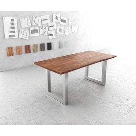 DELIFE Esstisch Edge 180x90cm Akazie Braun Edelstahl breit Live-Edge, Esstische, Baumkantenmöbel, Massivholzmöbel, Massivholz