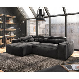 DELIFE Ecksofa Sirpio XL 270x170 cm Mikrofaser Schwarz Recamiere variabel mit Hocker, Ecksofas