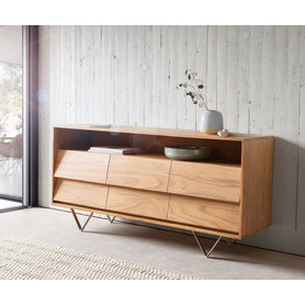 DELIFE Sideboard Eloi 145x40 cm Akazie Natur 6 Schubladen V-Fuß Edelstahl, Sideboards