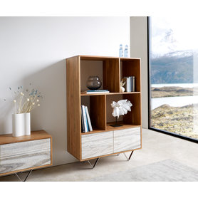 DELIFE Highboard Kleo 90x130 cm Akazie Natur 2 Türen V-Fuß Edelstahl, Highboards