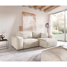 DELIFE Ecksofa Lanzo L 260x160 cm Cord Beige Recamiere variabel mit Hocker, Ecksofas