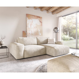 DELIFE Ecksofa Lanzo XL 270x180 cm Cord Beige Recamiere variabel mit Hocker, Ecksofas