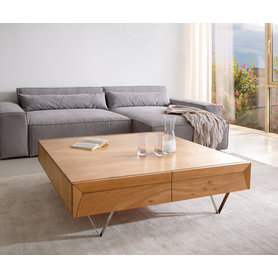 DELIFE Couchtisch Kayu 115x115 cm Akazie Natur 4 Schübe V-Fuß Edelstahl, Couchtische