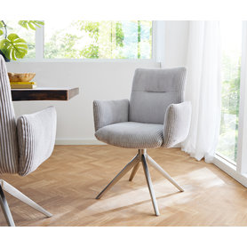 DELIFE Drehstuhl Jova-Flex mit Armlehnen Cord Silbergrau Kreuzgestell breit Edelstahl 360° drehbar Taschenfederkern, Esszimmerstühle