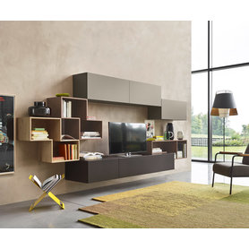 Livitalia Schwebende Design TV Wohnwand C23 Tetris Regal offen Bücherregale Terracotta Braun Grau Matt lackiert 360 cm breit modern Italien hängend