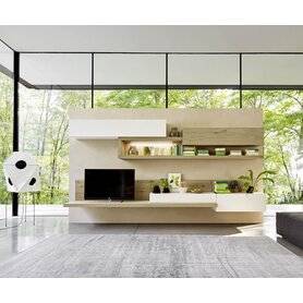 Livitalia Design Wohnwand C26 Eiche furniert Weiß Matt TV Board Hängeschränke Italien modern Qualität 360 cm breit Wandboard hängend Echtholz