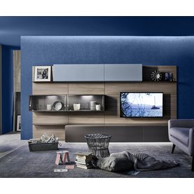 Livitalia Design Wohnwand C36 mit modularen TV Wand Paneel für Bücher Hängeschränke Ulme 360 cm breit Glasvitrine Unterschränke Italien Qualität