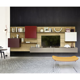 Livitalia Design Wohnwand C37 Wandpaneel TV Lowboard in Eiche furniert Hängeschränke Rot Aubergine Grau Weiß Matt Lackierung 360 cm breit Italien