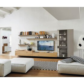 Livitalia Design Wohnwand TV Lowboard Glasvitrine transparent schwebend Standfuß Eiche Hell Grau Matt lackiert modern Italien 360 cm breit Qualität