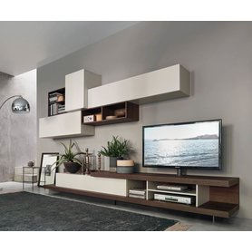 Livitalia Design Wohnwand C52 TV Halterung Säule drehbar Eiche Braun Hängeschränke Hellgrau Grau Matt Lackiert 345 cm breit modern Italien Qualität