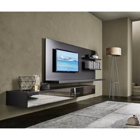Livitalia Design Wohnwand C54 TV Paneel mit schwenkbarer Fernseh Halterung Infrarot Klapptüren schwebende hängende Montage 330 cm breit Braun Matt