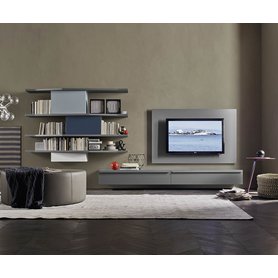 Livitalia Design Wohnwand C61 mit Bücherregal TV Wand Paneel schwebendes Lowboard Hängeelemente in Grau Matt Holz Klapptür 390 cm breit Italien