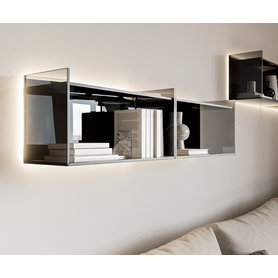 Livitalia Glas Design Wandregal Wohnzimmer Rauchglas LED Beleuchtung aufhängen Schwarz für Bücher beleuchtet Deko modern schwebend System
