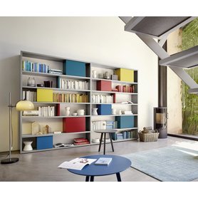 Livitalia Designer Bücherregal mit geschlossenen Boxen C84 Regal Bücher Matt 2m 3m 4m modulare Trennwand 350 cm breit Hellgrau Grau Matt