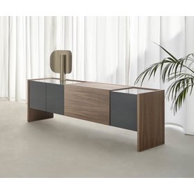 Punt Toscana Lucca Design Sideboard 230 cm breit Walnuss Furnier Blau Rot Grau lackiert Türen Glaseinlegeböden Innenraumbeleuchtung